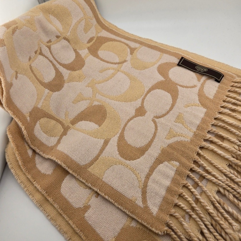 Coach Signature Monogram Jacquard Scarf Beige Cream Fringe Tassel Wrap - Picture 3 of 9